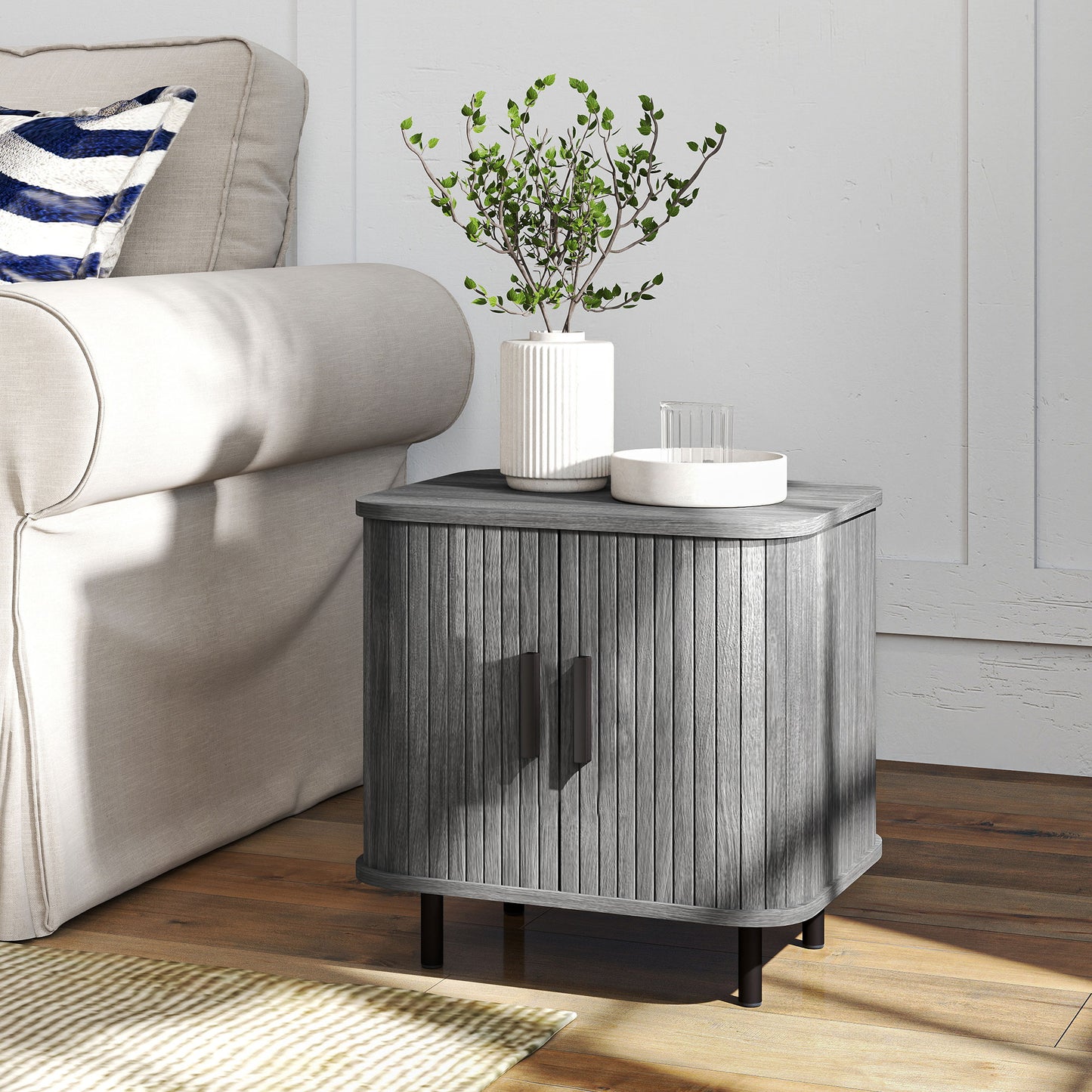 Nordic Bedside Table | Roller Shutter Sliding Doors | 2-Tier Storage | Melamine Surface | Steel Legs | 90kg | 48x40x48cm | Grey