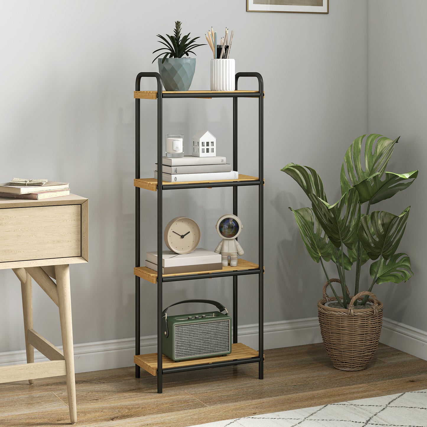 4-Tier Bamboo Bathroom Storage Shelf, Freestanding Narrow Shelving Unit with Slatted Shelves for Kitchen Bathroom Living Room, 41.5 x 21.5 x 106 cm, Natural and Black