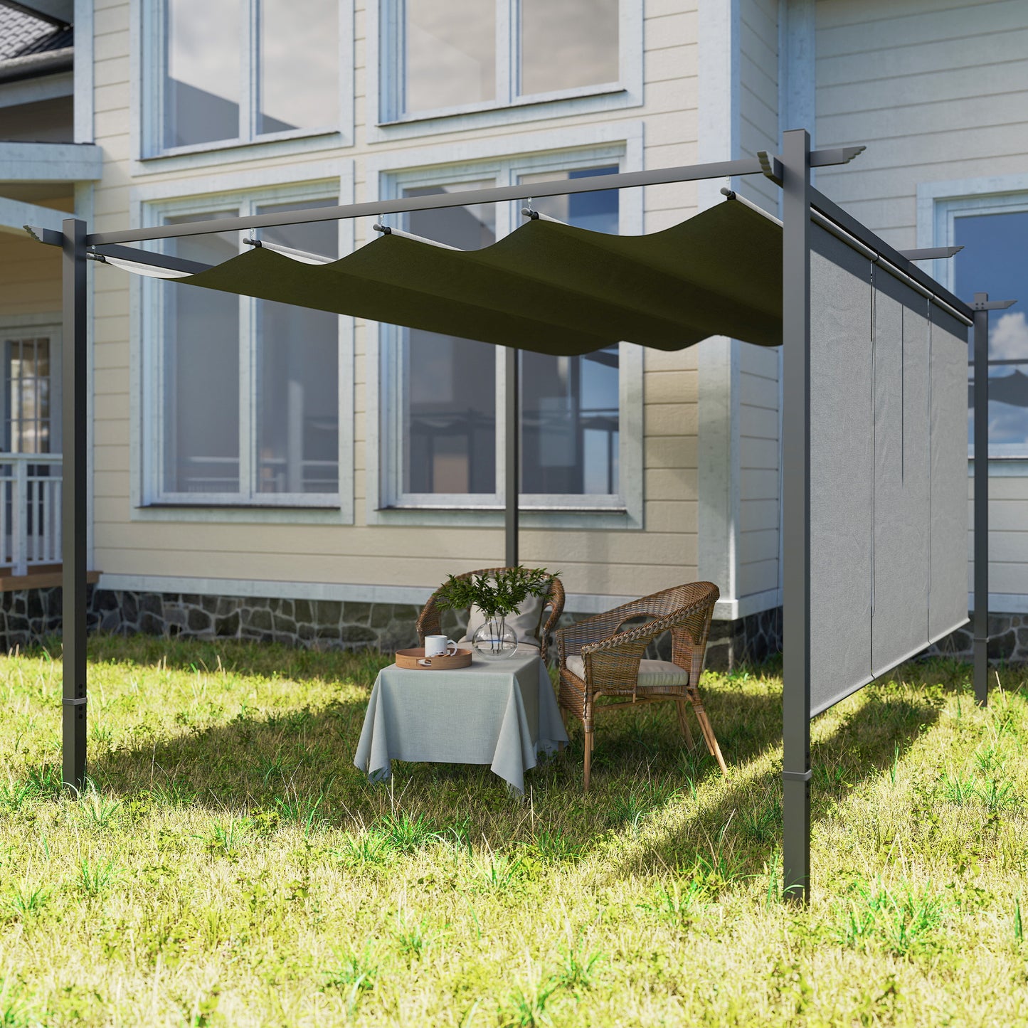 3 x 4m Metal Pergola with Retractable Roof and Roller Shade, Wall-Mounted or Free Standing Garden Gazebo Canopy Kit, Sun Shade Shelter, Grey