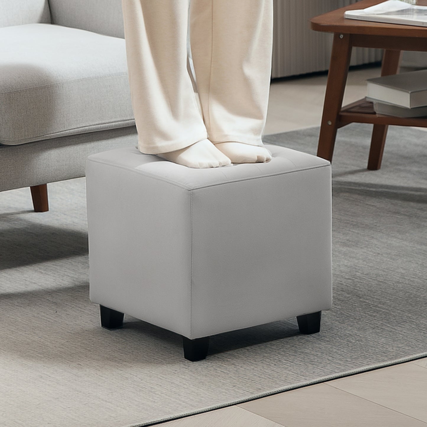 Velvet-Feel Square Ottoman - Light Grey