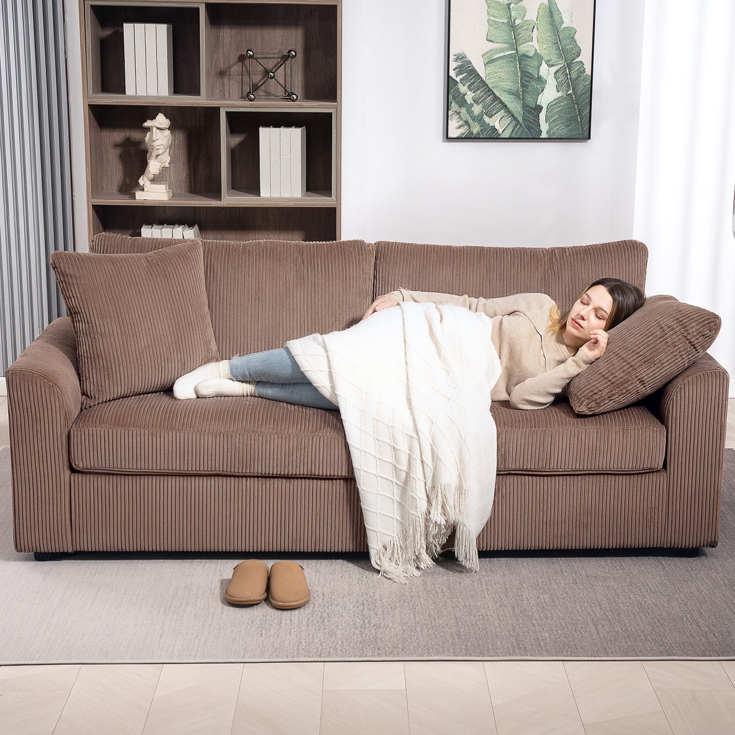 Modern 3 Seater Sofa with Spring Cushion, 212 cm Fabric Jumbo Cord Sofa Couch with 2 Scatter Cushions, Upholstered Corduroy Settee, Coffee