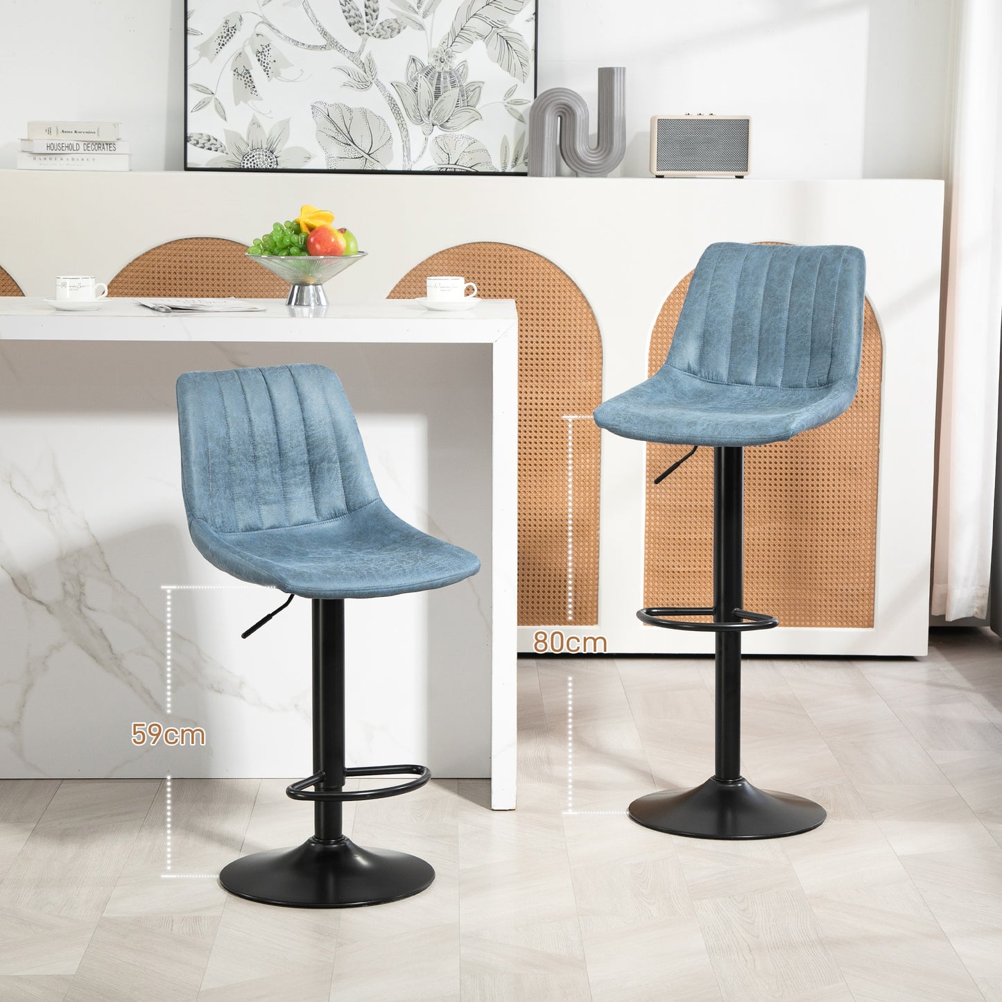 Adjustable Bar Stools Set of 2 Counter Height Barstools Dining Chairs 360° Swivel with Footrest for Home Pub, Blue