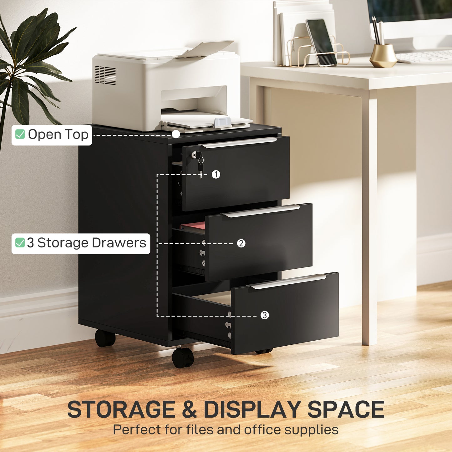 Three-Drawer Locking Filing Cabinet Unit - Black
