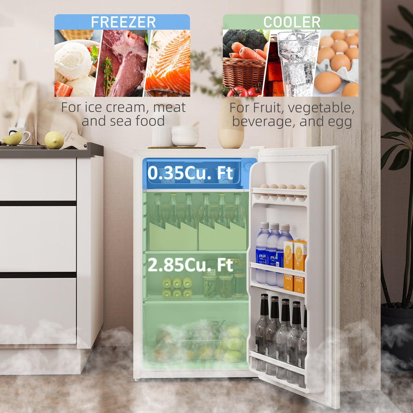 91 Litre Freestanding Under Counter Fridge Freezer, Small Fridge with Chiller Box, Adjustable Thermostat, 47.5cm Wide, Beige