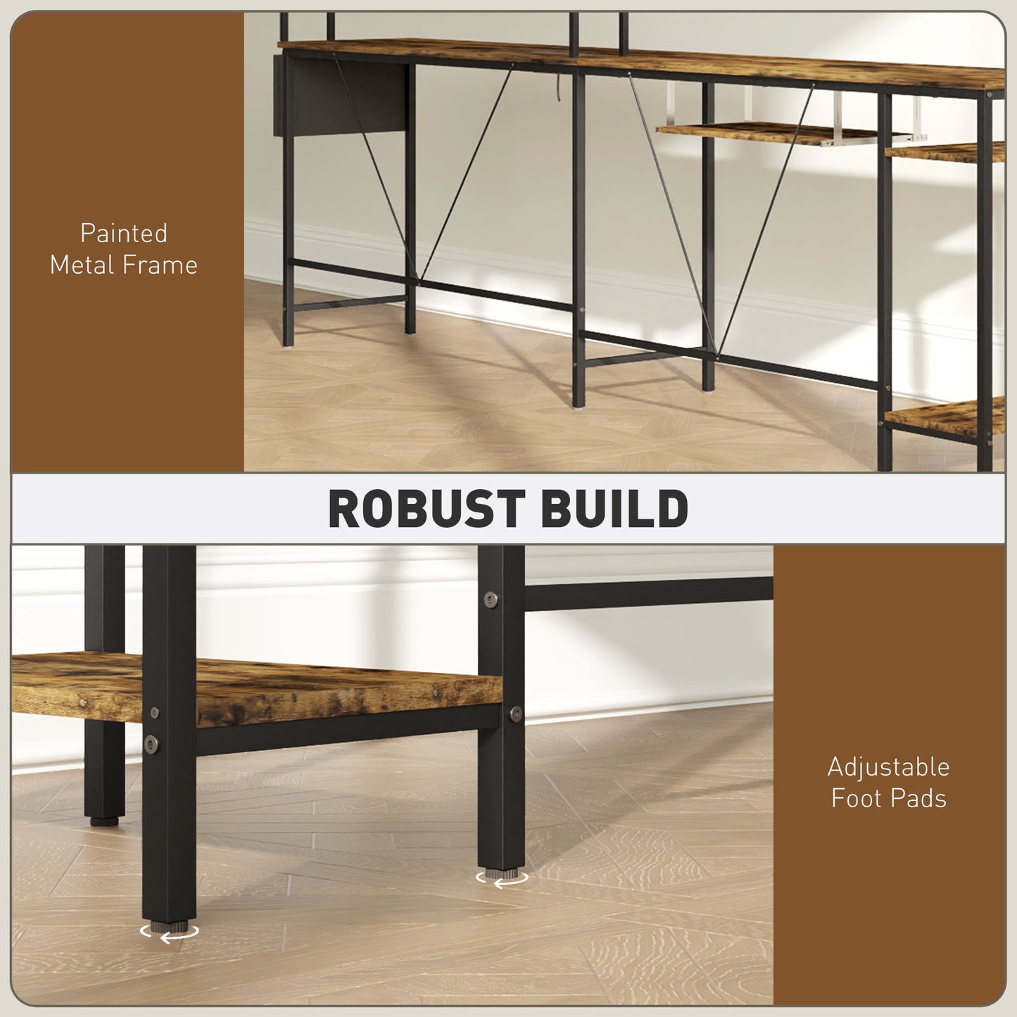 160cm Reversible L Shaped Desk with Power Outlet, Industrial Corner Desk with Storage Shelves and Keyboard Tray, 240cm Long For 2 Person