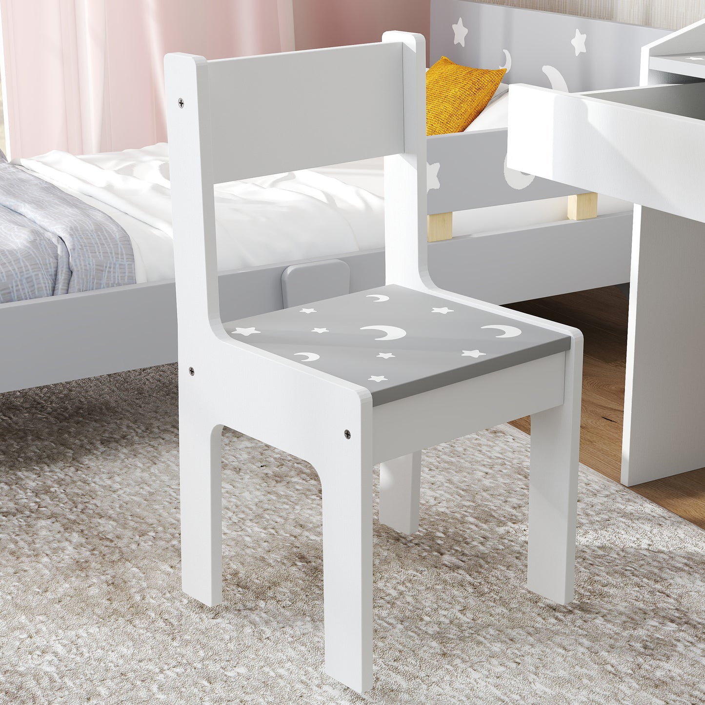 AIYAPLAY Children Study Table and Chair, Kids Desk and Chair Set with Storage, Pull-out Drawer, Gift for 3-6 Years Old - Grey / Pink