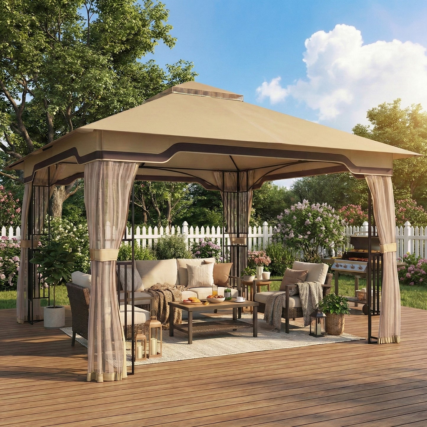3.3x3.3m Permanent Garden Gazebo | Double-Tier UPF50+ Roof | Mesh Panels | Integrated Corner Shelves | Ceiling Hook | Triangular Powder-Coated Posts | Expansion Screws | Ground Stakes | Khaki
