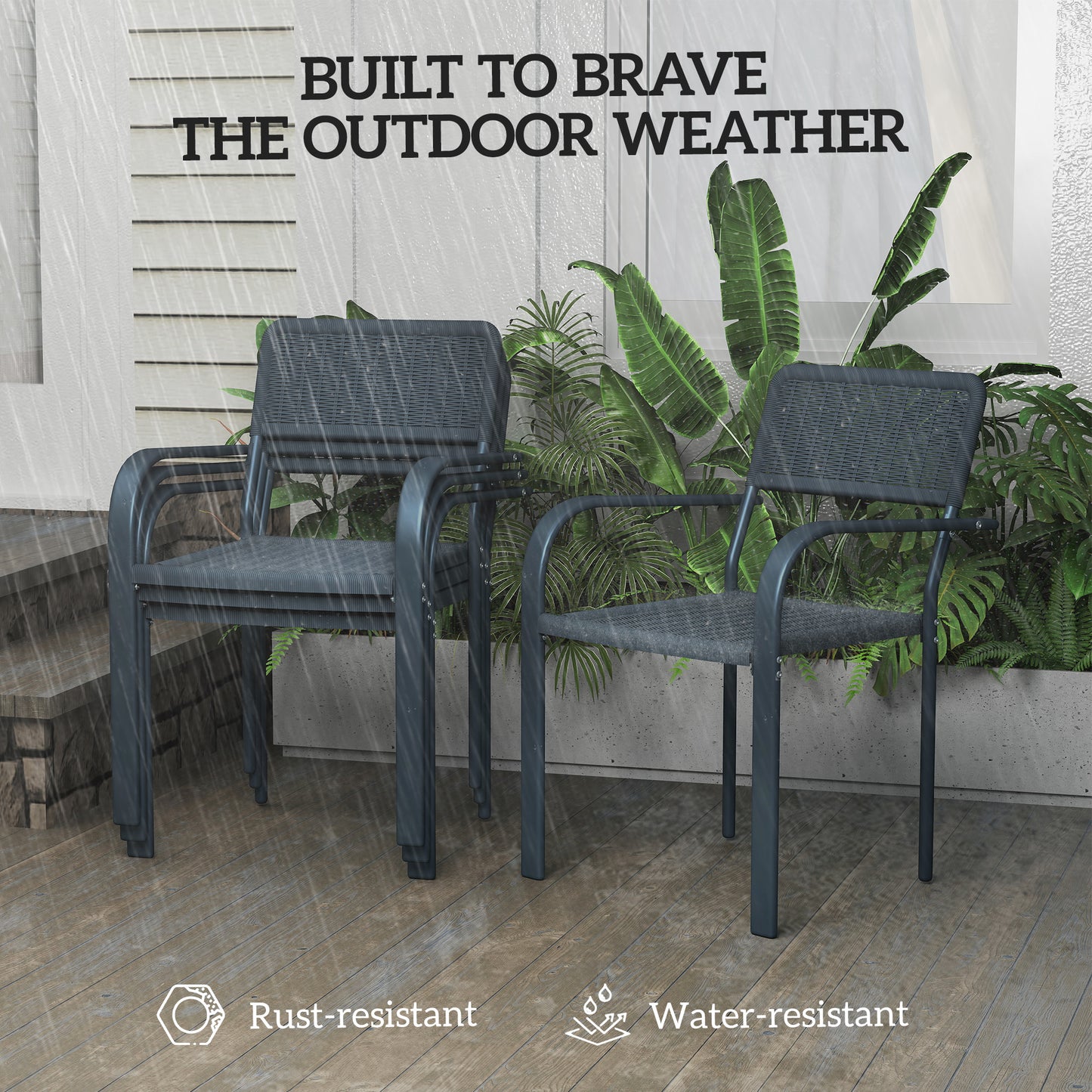 Garden Chairs Set of 4, Stackable Rattan Effect Dining Chairs with Armrest, Weather Resistant and Lightweight for Patio, Balcony, Terrace, Dark Grey