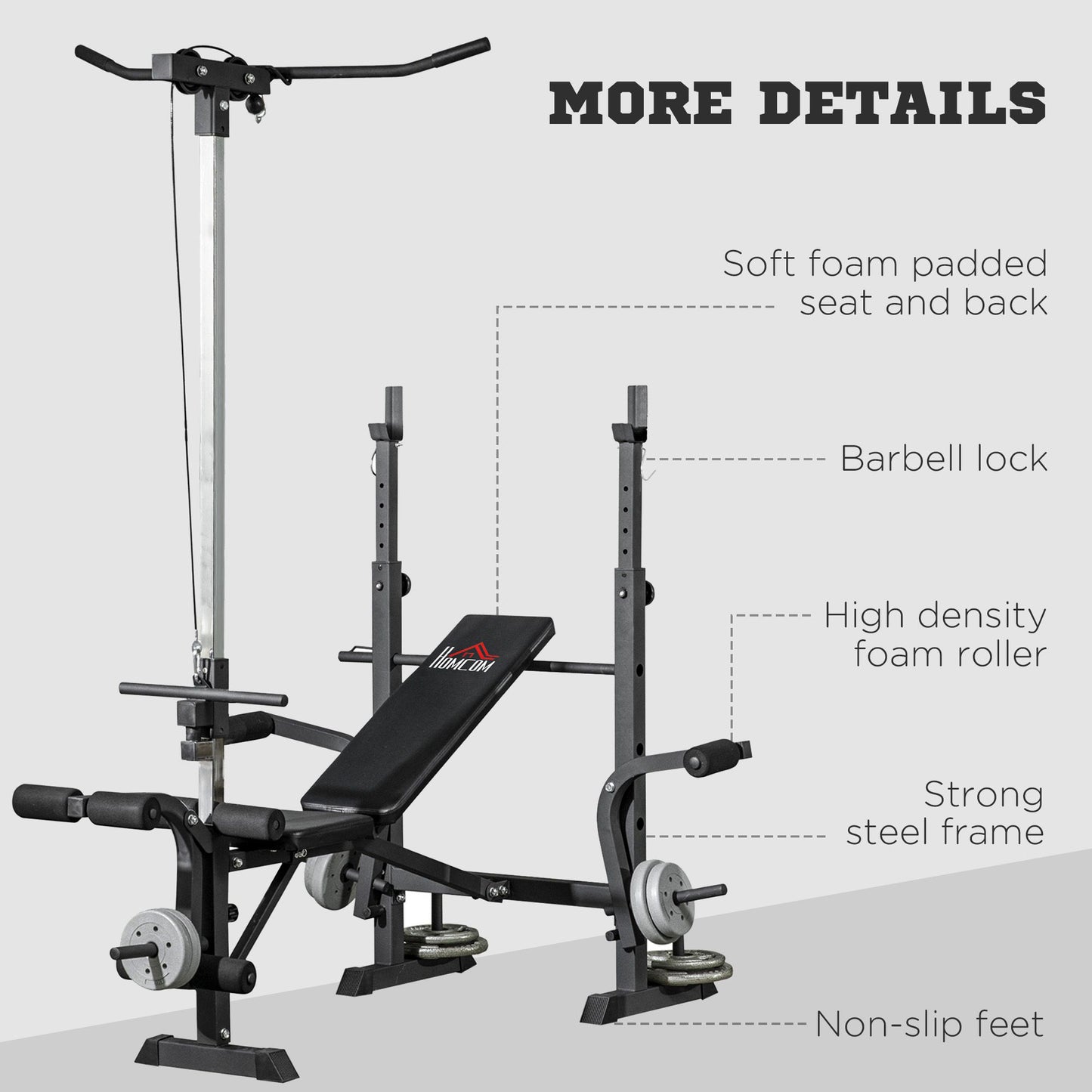Adjustable Weight Bench with Pulley System, Incline Bench Press Set with Squat Rack, Leg Developer, Butterfly and Weight Storage, for Full Body Workout