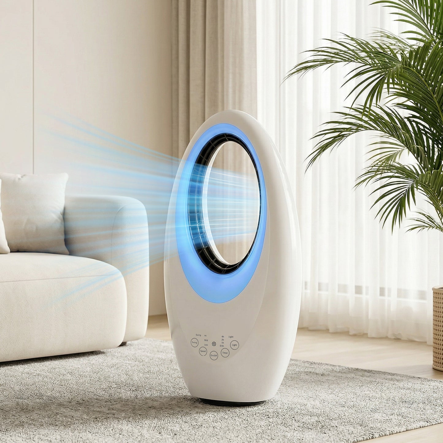 Bladeless Tower Fan | 36dB Quiet | 60° Oscillation | 4-Colour LED | 3 Speeds | 7.5hr Timer | Remote | White