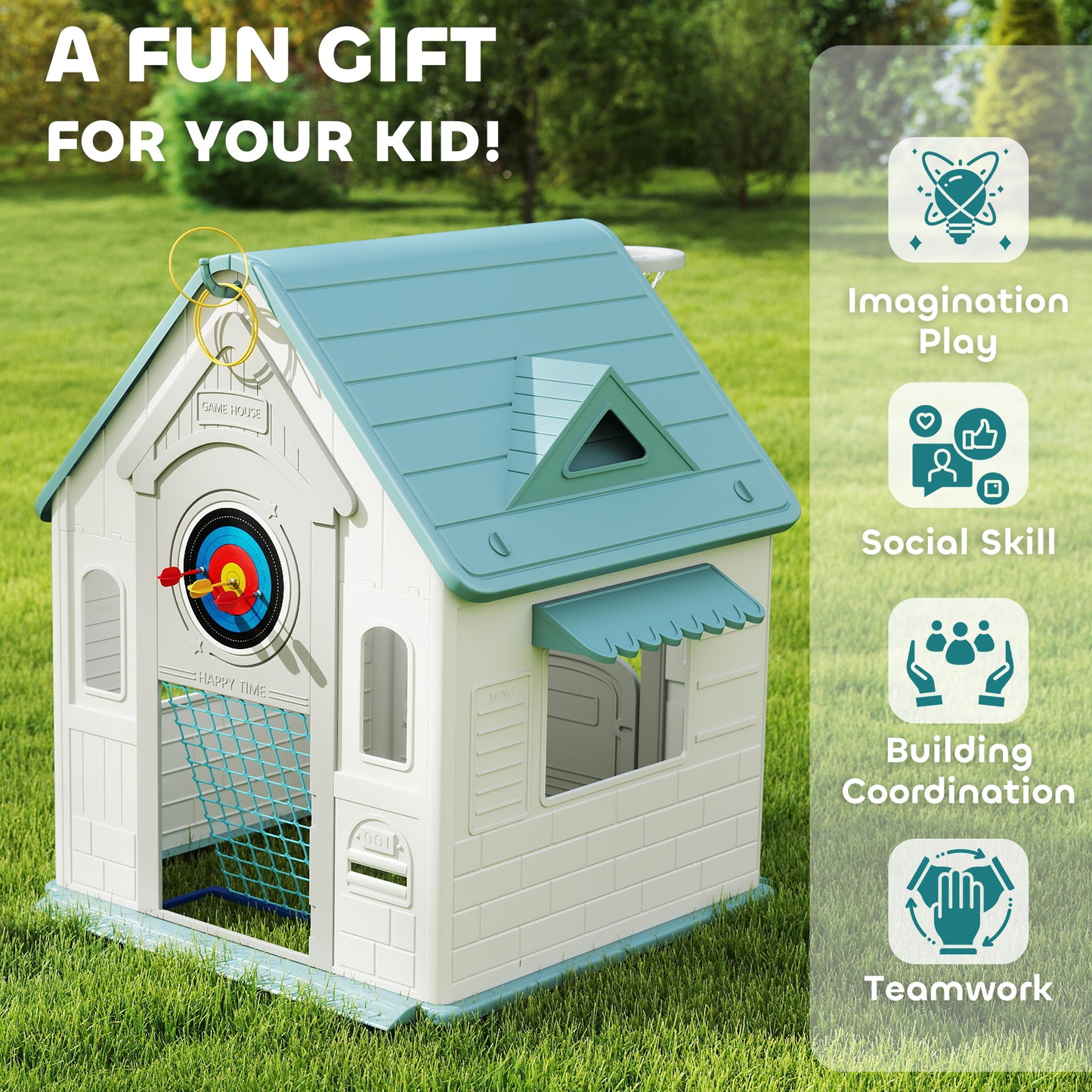 AIYAPLAY 5-in-1 Playhouse for Kids Outdoor Indoor with Basketball Hoop, Football Goal, Dartboard, Ring Toss for 2-5 Years, Beige / Pink