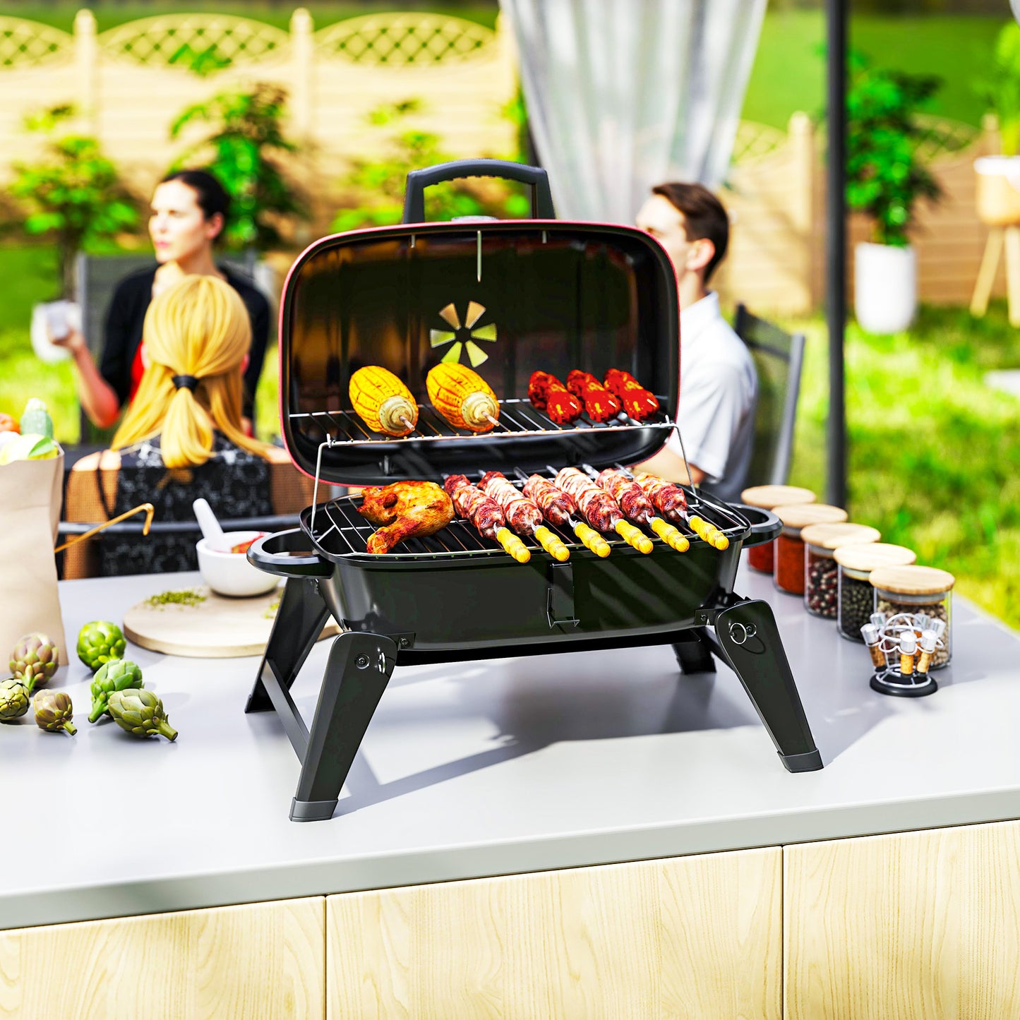 Charcoal Camping Picnic Barbecue Grill Folding BBQ Grill with 1232 cm² Cooking Area, Adjustable Vent, Thermometer, Handles, Red