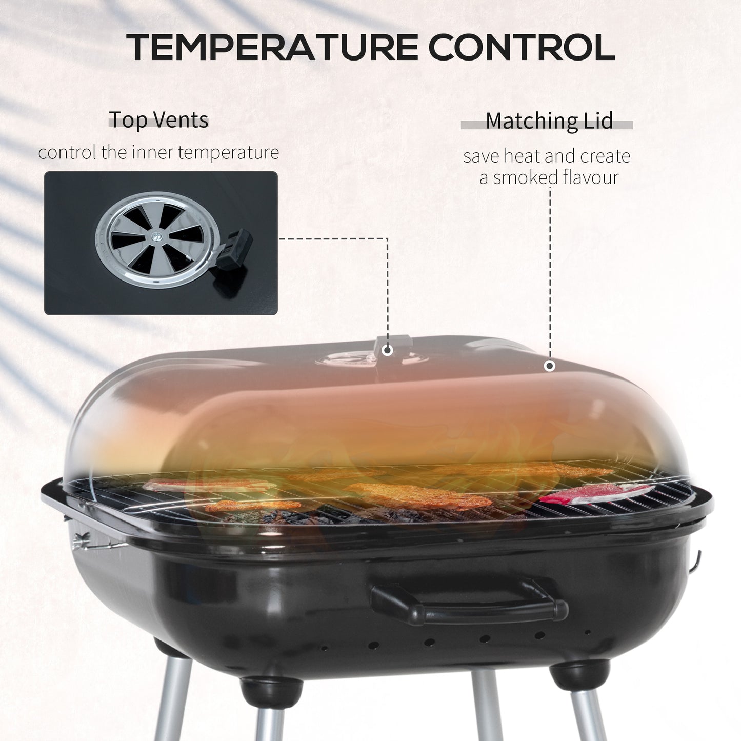 Outsunny Portable BBQ Charcoal Grill with 2 Wheels and Cooking Utensils, Smoker Grill with Lid for Outdoor Barbecues, Camping, Picnic