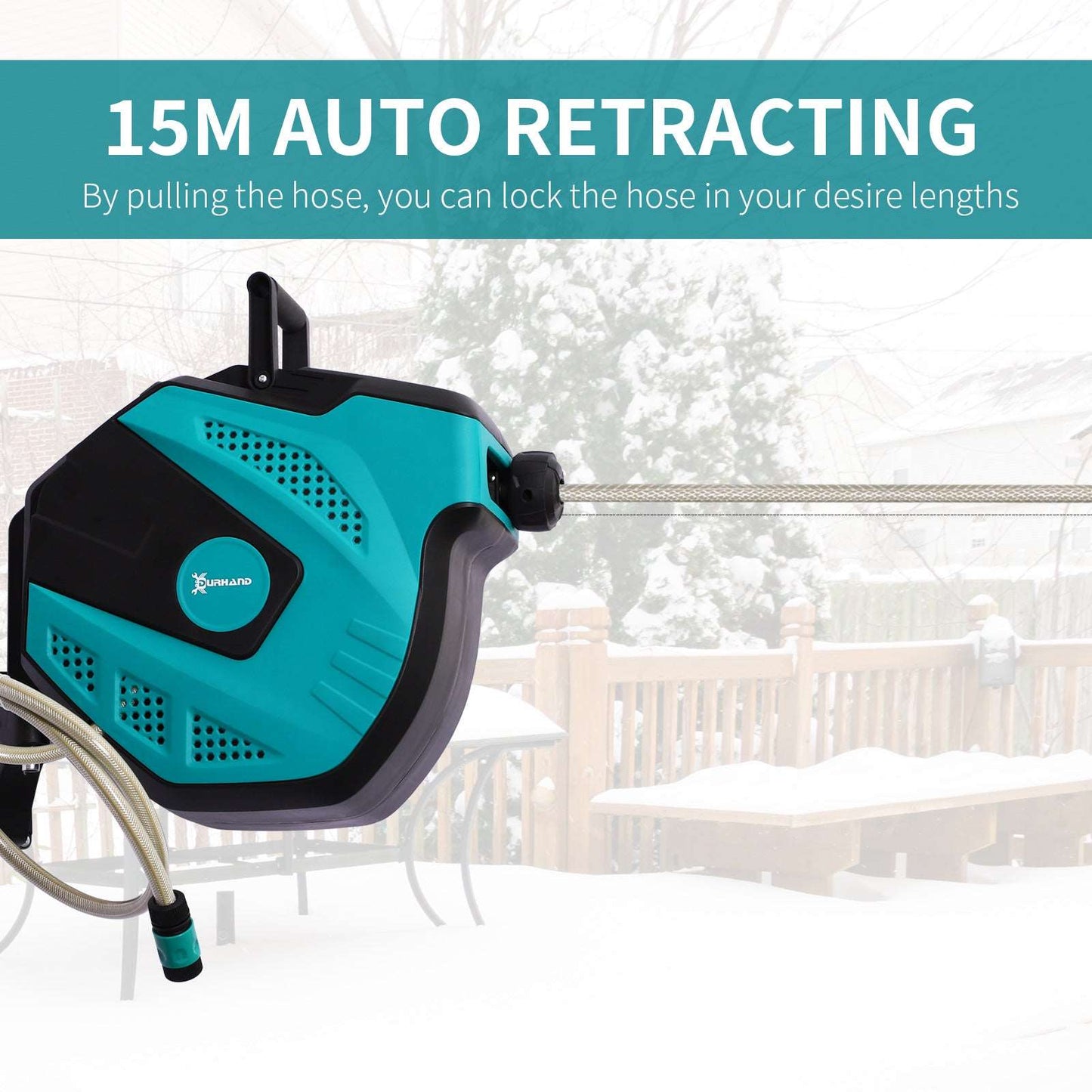 15M Garden Auto Hose Reel Wall Mounted Retractable 7 Patterns Spray Nozzle - Durhand