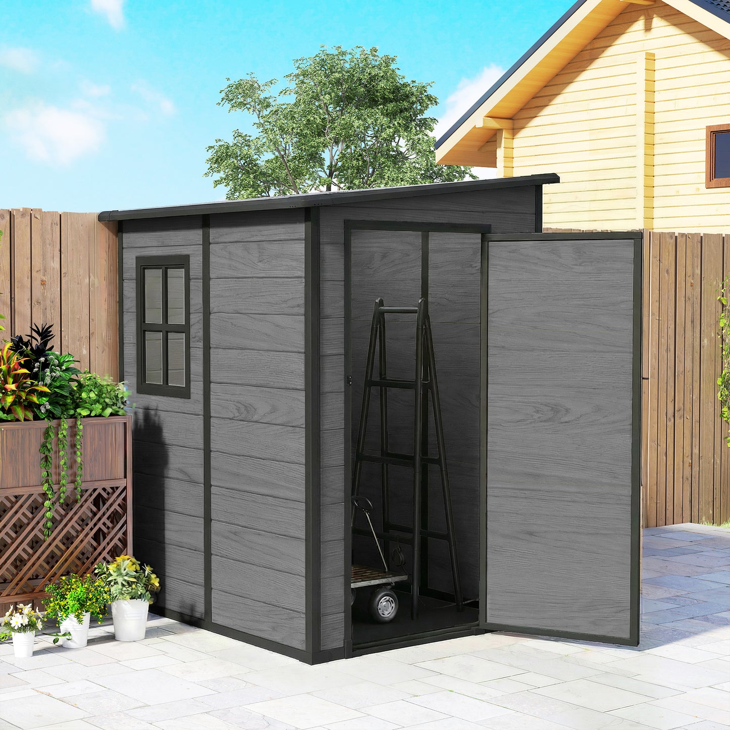 Aluminium Alloy & PP Lean-To Garden Storage Shed | Wood-Effect Finish | Lockable Door | Lock & 3 Keys | Window | Vent | Sloped Roof | 40kg/m² Snow Rating | 122x149x192cm | 1.54m²