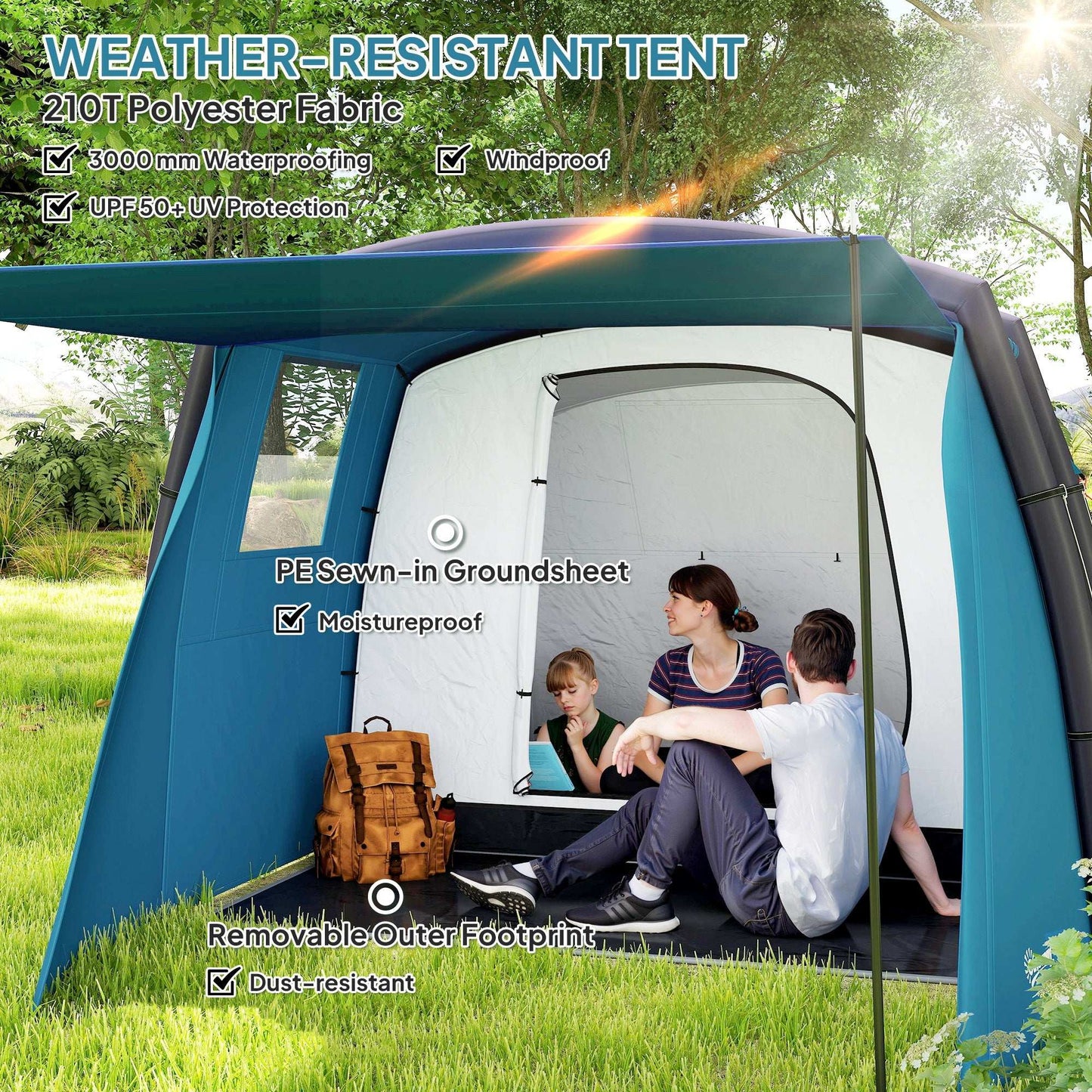 Inflatable 3-4 Man Tunnel Tent w/ Air Pump, Living Area & Vestibule, Waterproof Family Camping Air Tent, Hiking, Blue
