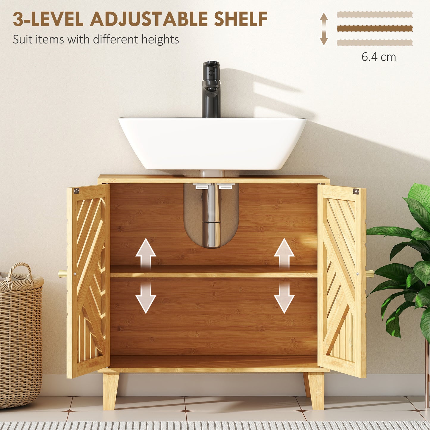Bamboo Bathroom Under Sink Cabinet with Adjustable Shelf for Basin without Pedestal - Natural