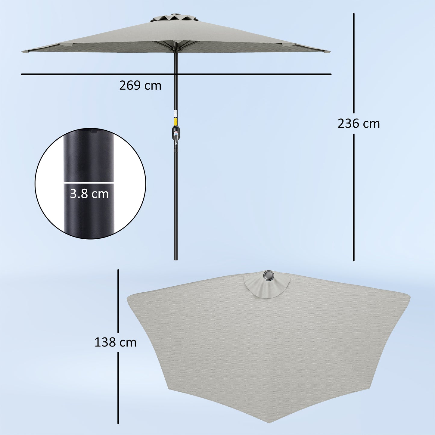 Outsunny Half Round Parasol Umbrella - Light Grey