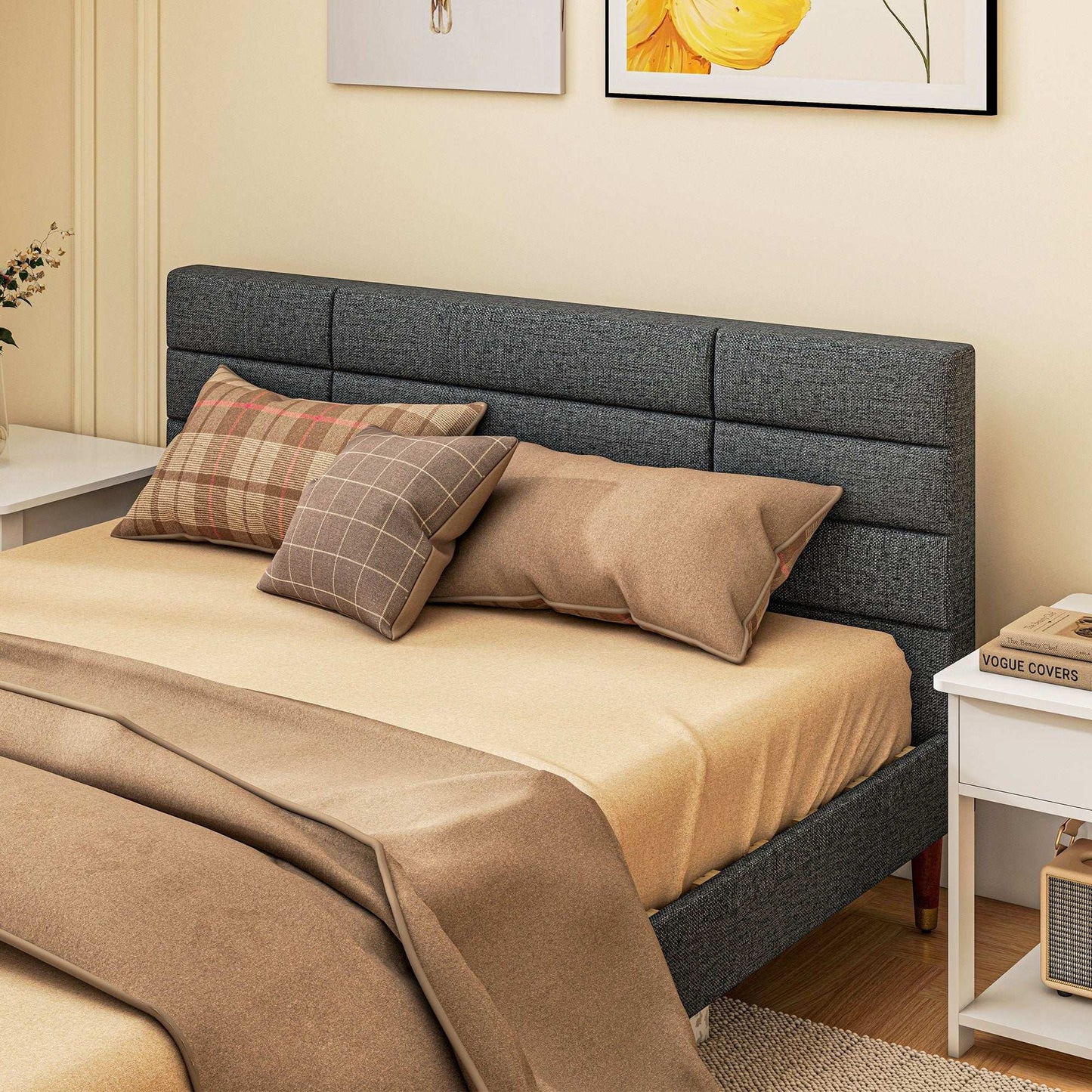 Upholstered King Bed Frame, With Slats - Grey