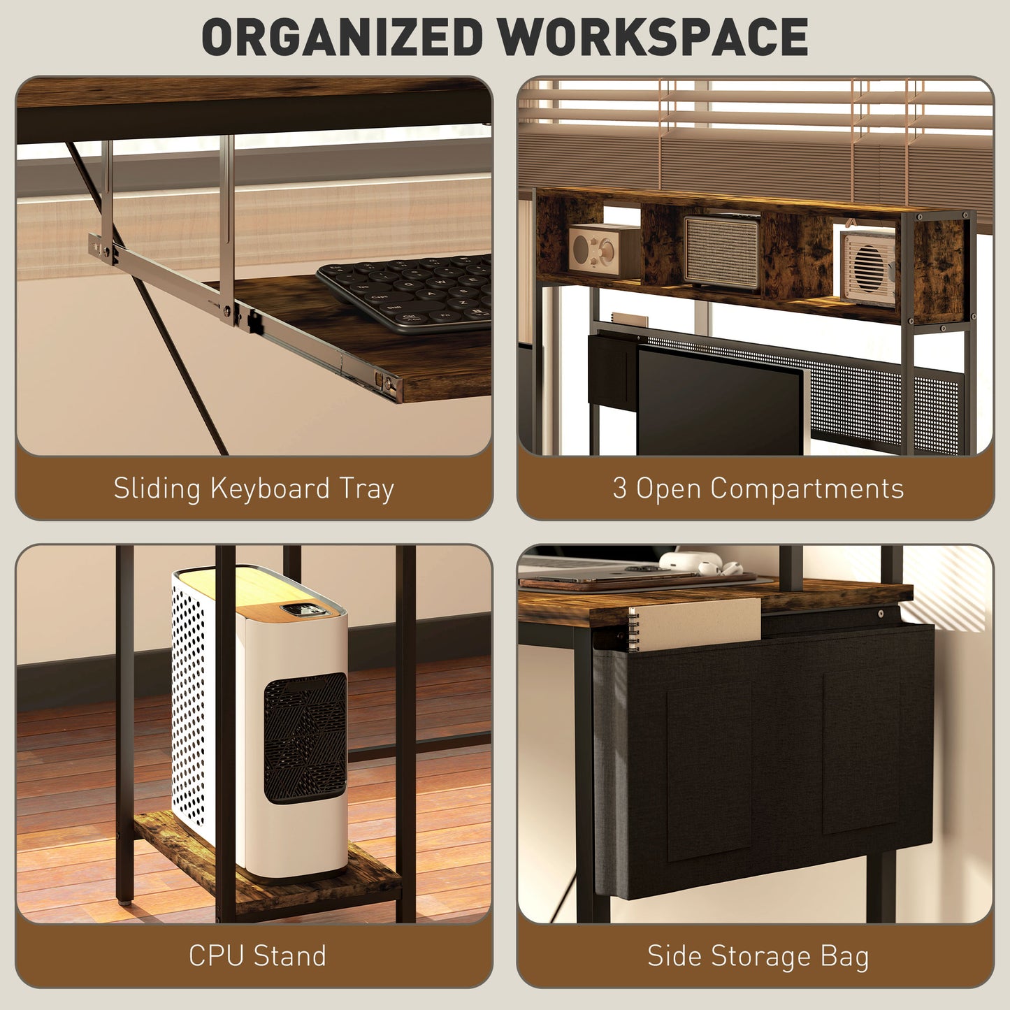 160cm Reversible L Shaped Desk with Power Outlet, Industrial Corner Desk with Storage Shelves and Keyboard Tray, 240cm Long For 2 Person