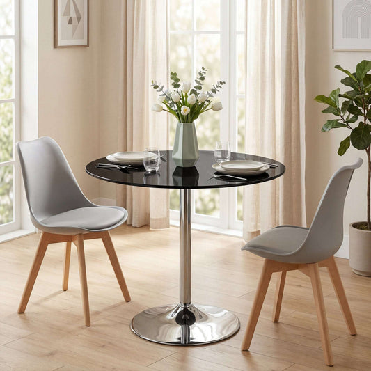 Round Bistro Dining Table | 8mm Tempered Glass Top | Steel Frame | Non-Slip Foot | Ø80x77cm | 20kg | Black
