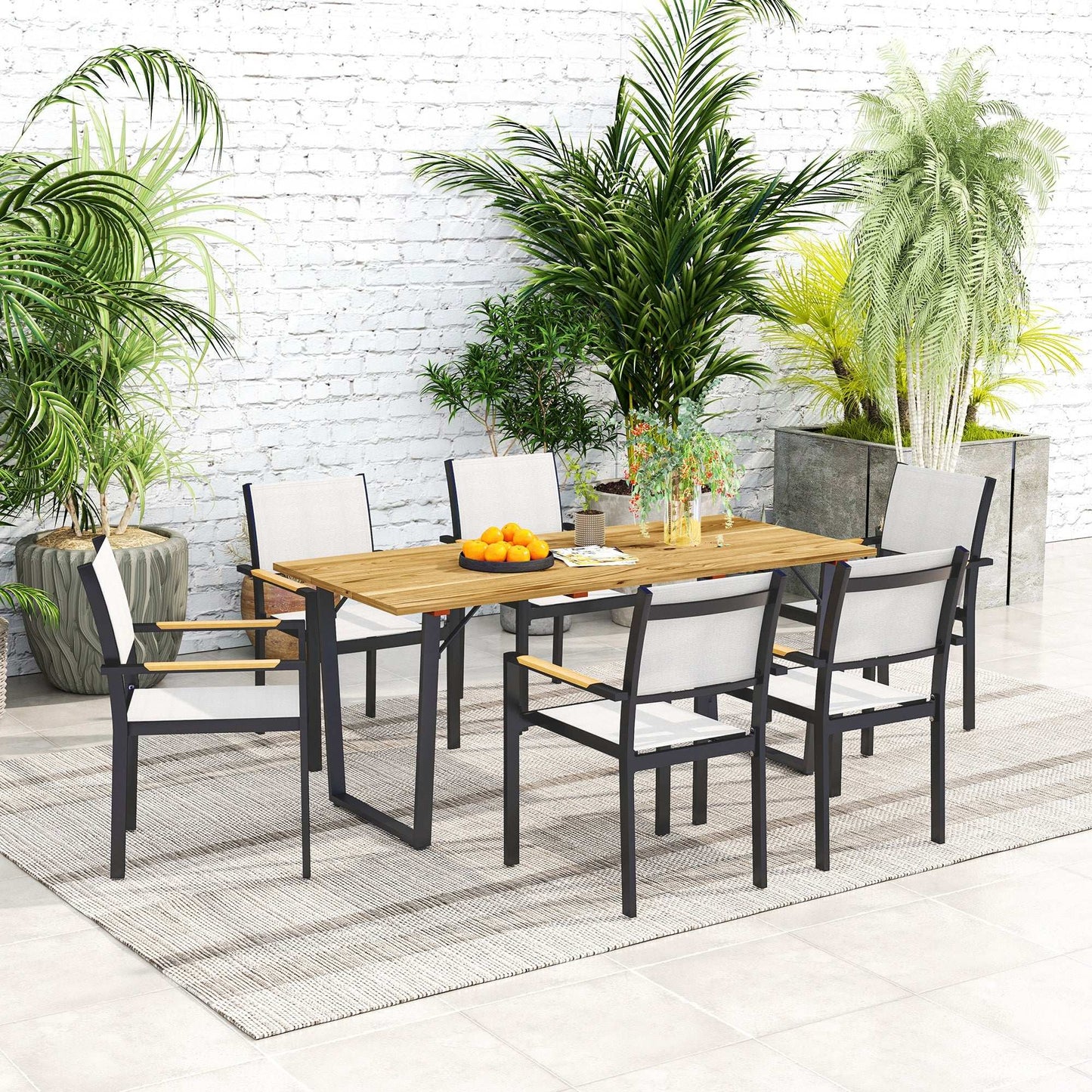Garden Table for 6, 175 x 80 cm Large Rectangle Outdoor Dining Table with 5cm Parasol Hole and Slatted Top, Weather Resistant Fir Wood Patio Table