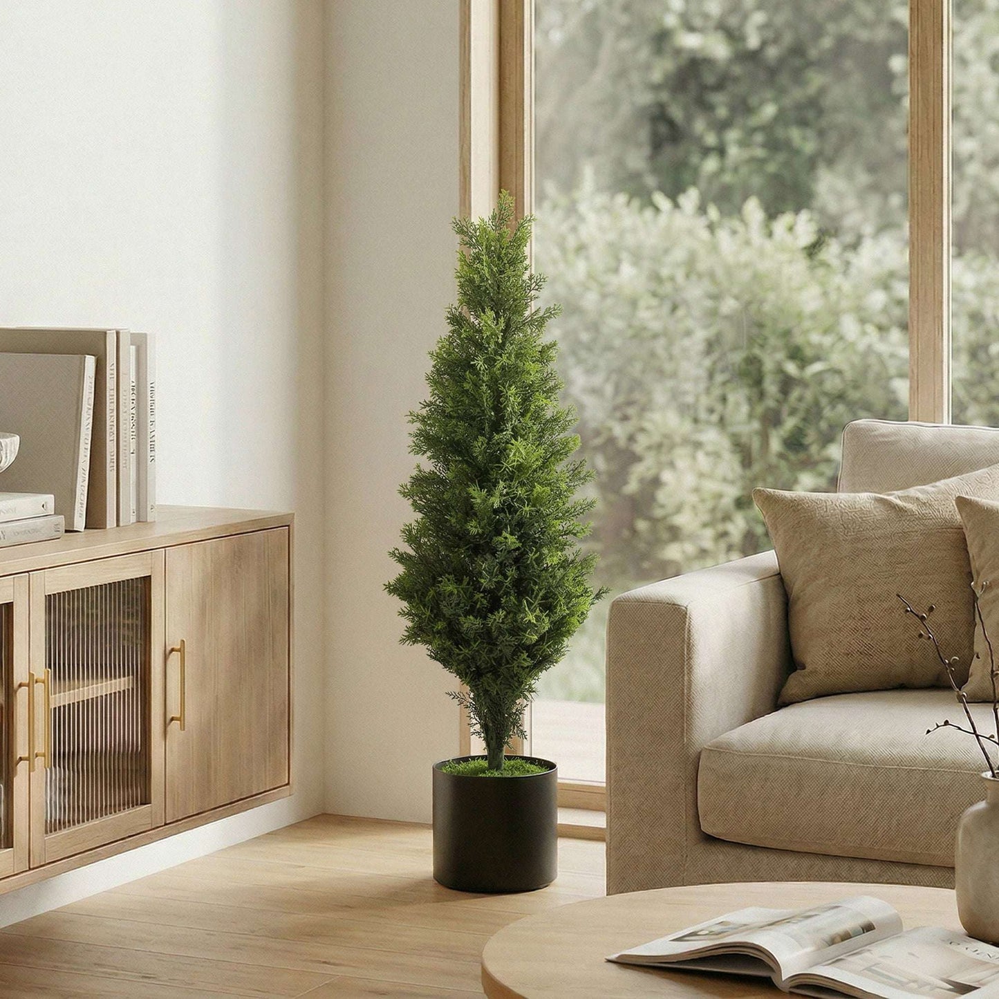 Set of 2 Artificial Cypress Trees | 90cm | 564 PE Leaves | Shapeable Branches | Cement Base | No Maintenance | Green
