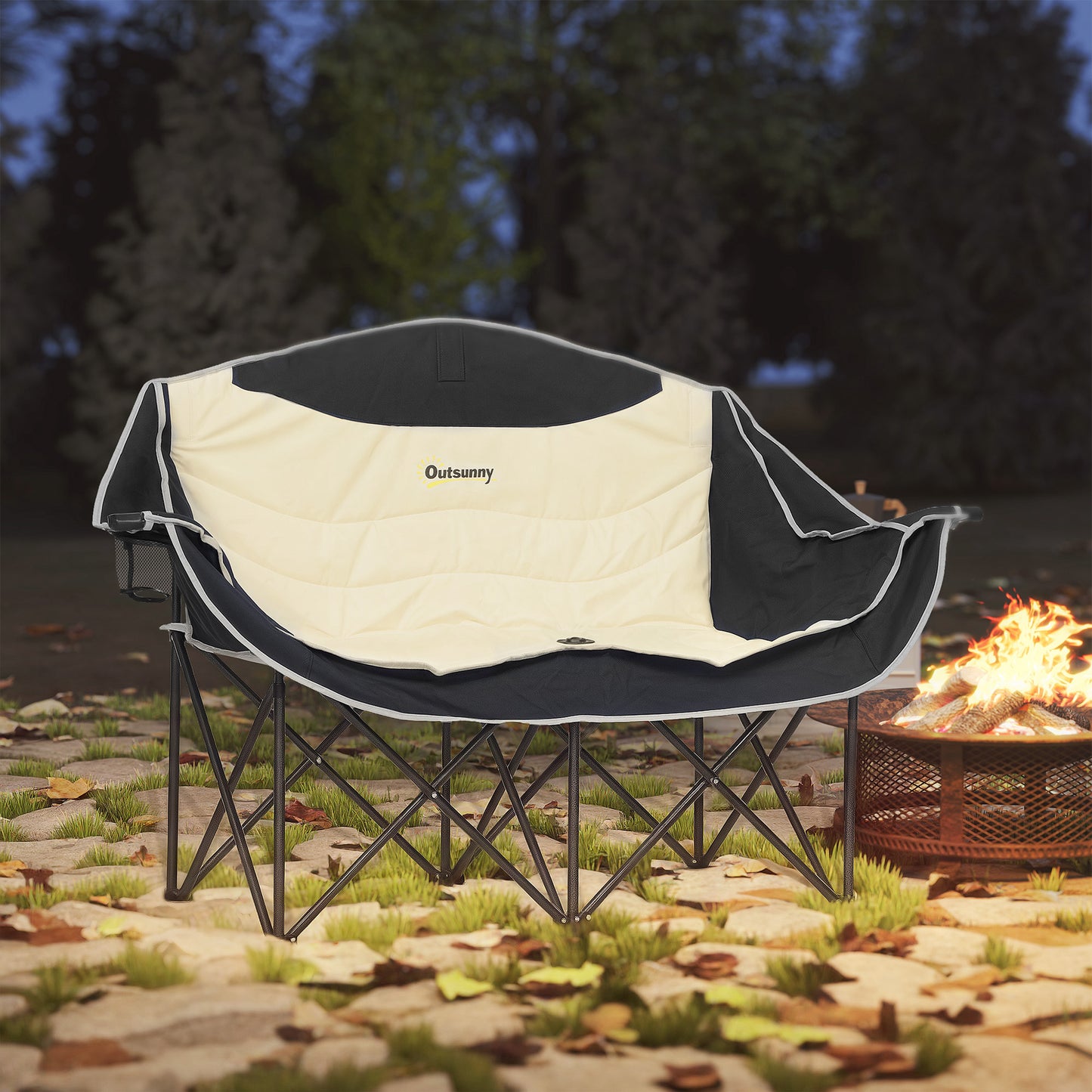 Double Camping Chair for Adults, Oversized Heavy Duty Padded Folding Chair with Armrests, Cup Holders and Carry Bag, 250kg Capacity