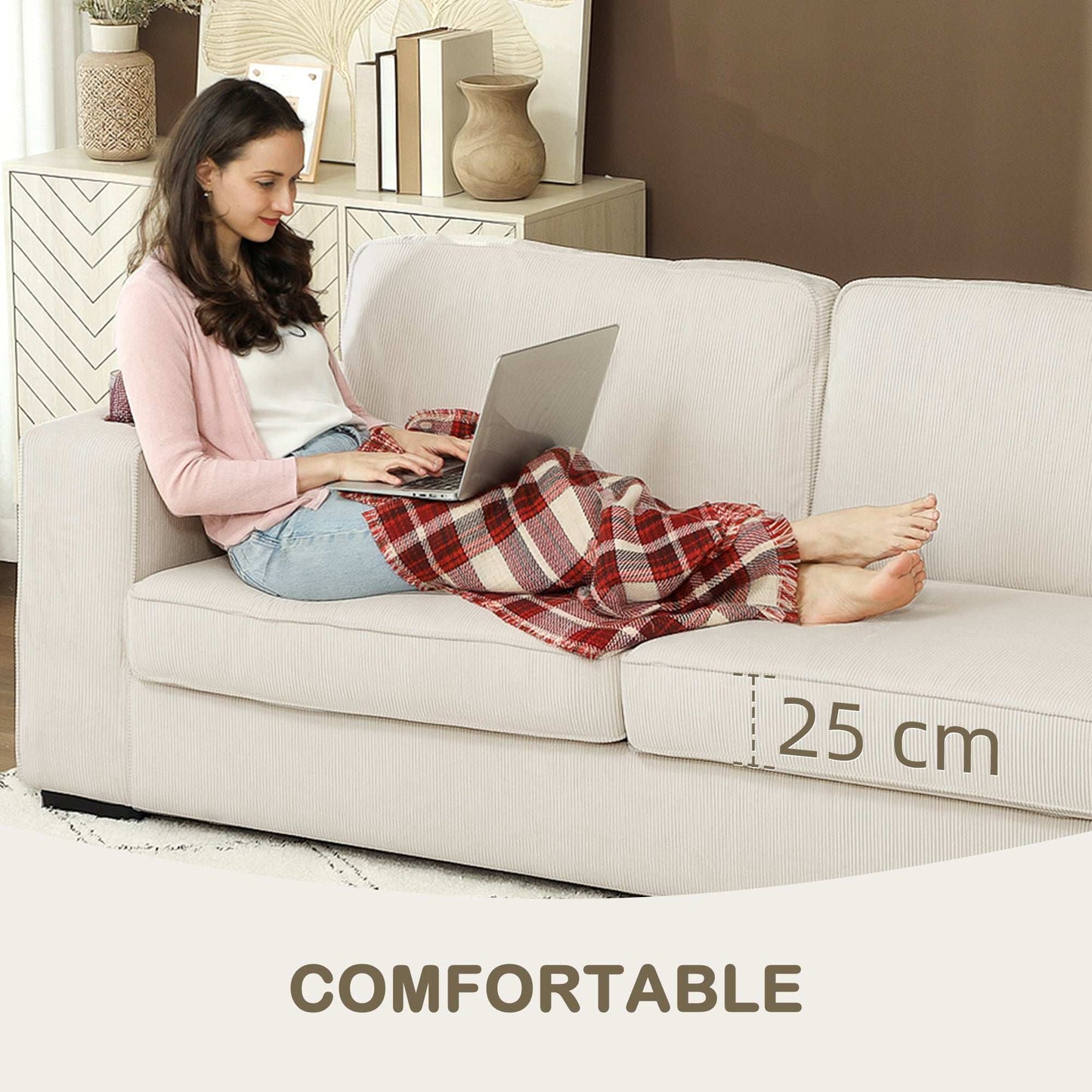 Modern Three Seater Sofa with Spring Cushion - Cream White