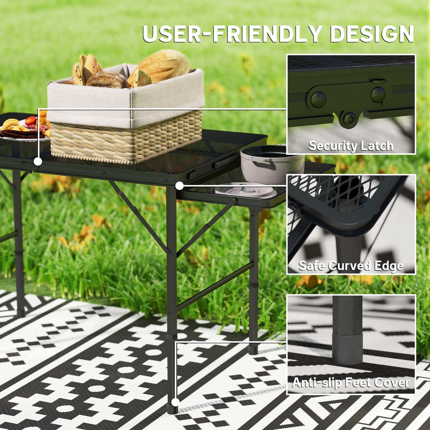 Folding Grill Table, 4.5ft Portable Camping Table with 2 Wing Panels, Height Adjustable Metal Picnic Table for Camping, Picnic and BBQ, Black