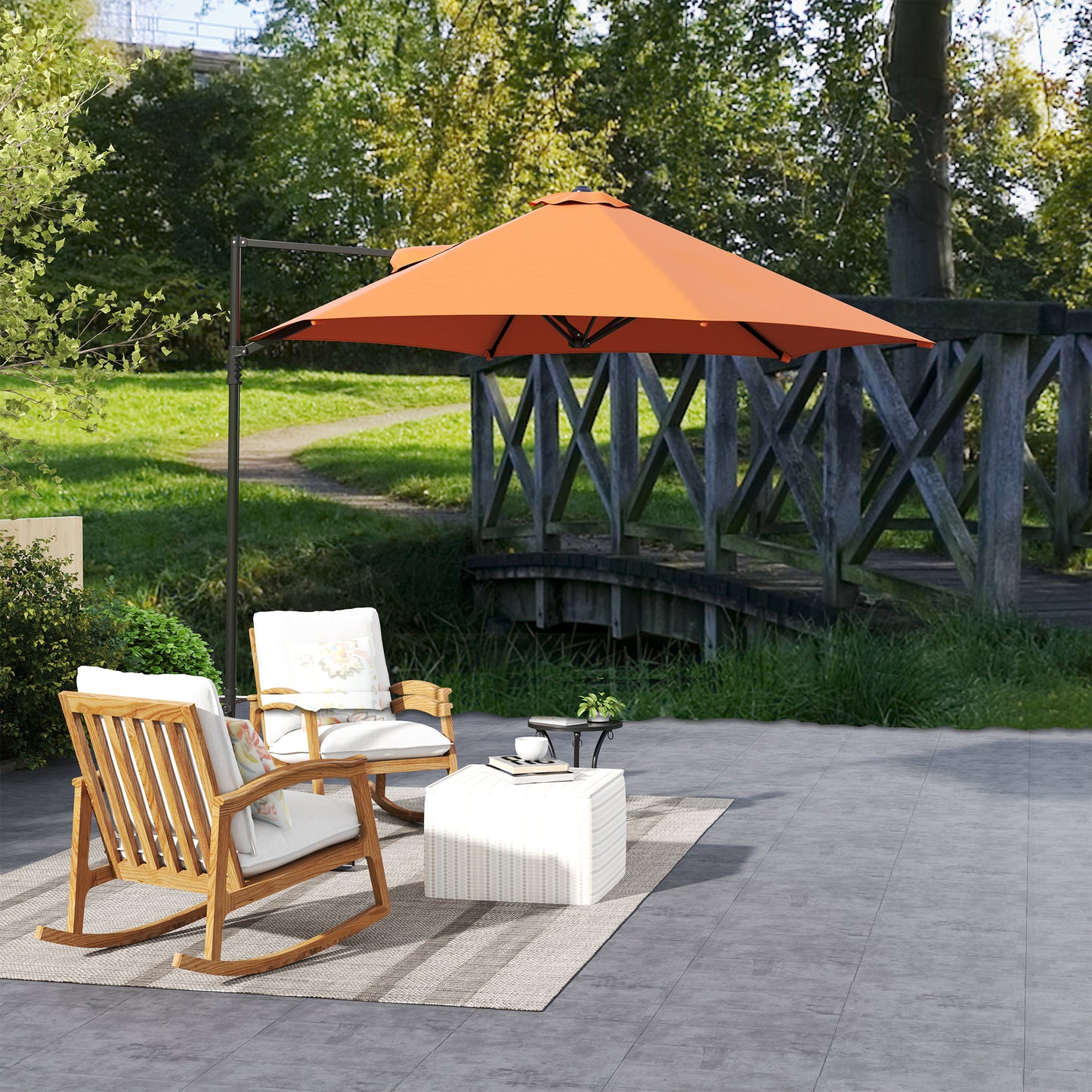 2.5M Garden Cantilever Parasol, Offset Roma Patio Umbrella Hanging Sun Shade Canopy Shelter with 360° Rotation and Cross Base, Orange