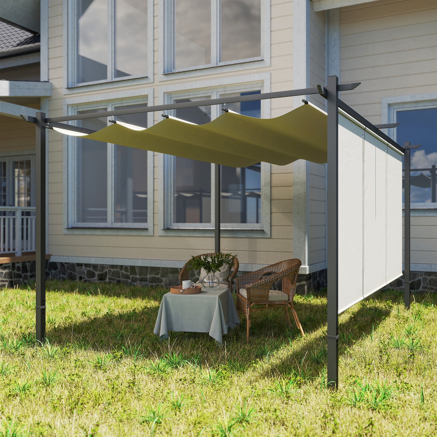 3 x 4m Metal Pergola with Retractable Roof and Roller Shade, Wall-Mounted or Free Standing Garden Gazebo Canopy Pergola Kit, UPF30+ Sun Shade