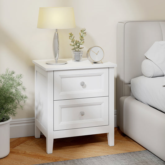 2-Drawer Bedside Table Nightstand | Crystal-Like Handles | Smooth Metal Rails | MDF | 30kg Total 10kg Top 10kg Per Drawer | 45x35x50cm | White