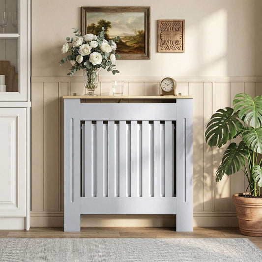MDF Radiator Cover | Slatted Line Grill Design | Display Top | Wall Mountable | Fittings Included | Lightweight 7kg | 78x19x81cm | Grey