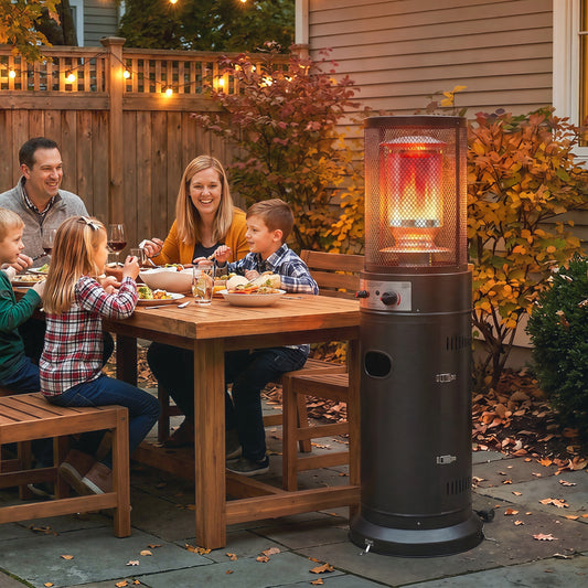 11kW Gas Patio Heater | 30m² Coverage | Propane & LPG | Pulse Ignition | Stepless Control | 45° Tilt Shutoff | Metal Mesh Guard | 2 Wheels | Pre-Drilled Stake Holes | 52x46x137cm | Black