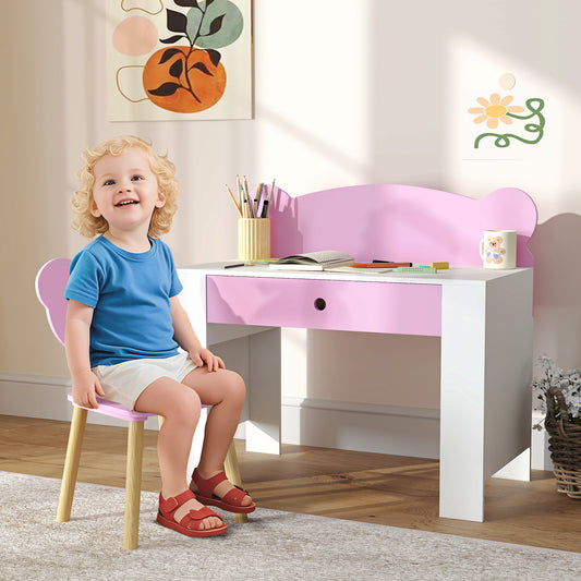 Kids Desk & Chair Set with Drawer β Bear Theme, Easy-Clean Surface, 80cm Desk, For Drawing, Reading & Crafts, Ages 3β8 β Pink