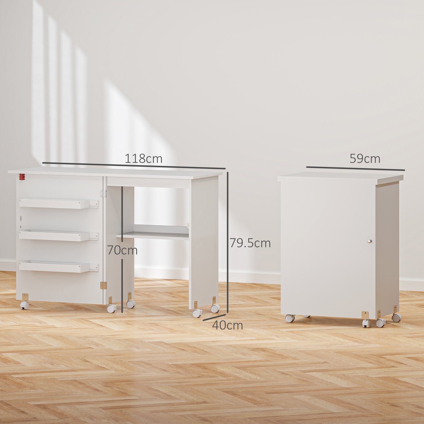 Folding Sewing Table, Drop Leaf Craft Table with Storage Bins, Open Shelf and Wheels, Rolling Sewing Machine Cabinet for Small Space