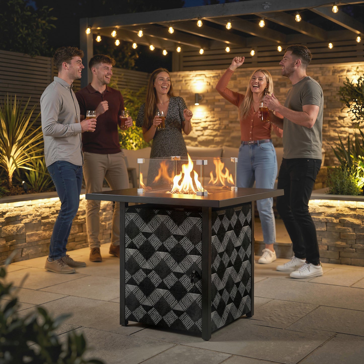 Outsunny Square Propane Gas Fire Pit Table,12 KW Firepit Outdoor Patio Heater with Glass Wind Guard, Lava Rocks, Gas Tank Holder