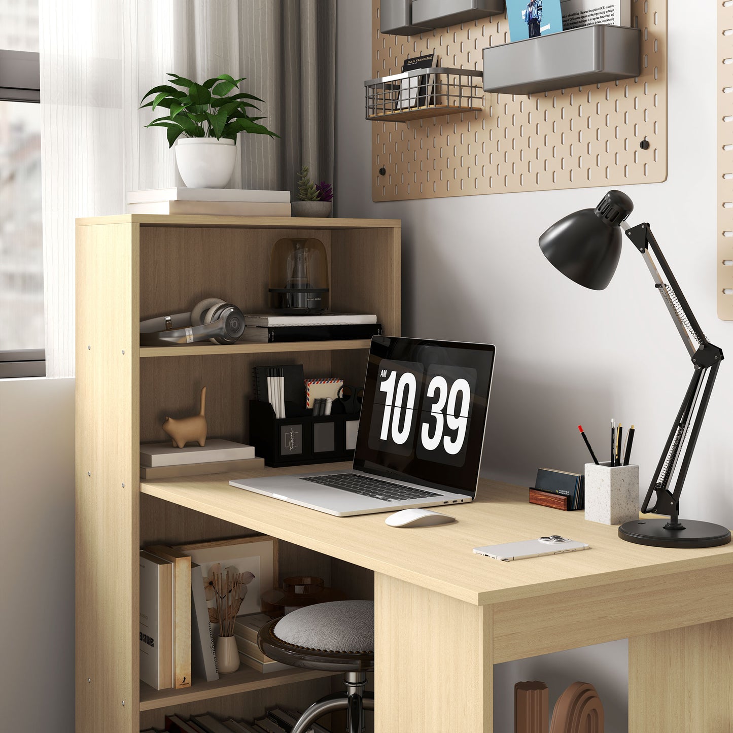 120cm Modern Computer Desk Bookshelf Study Table Workstation PC Laptop Writing Home Office 6 Shelves, Natural Wood Finish