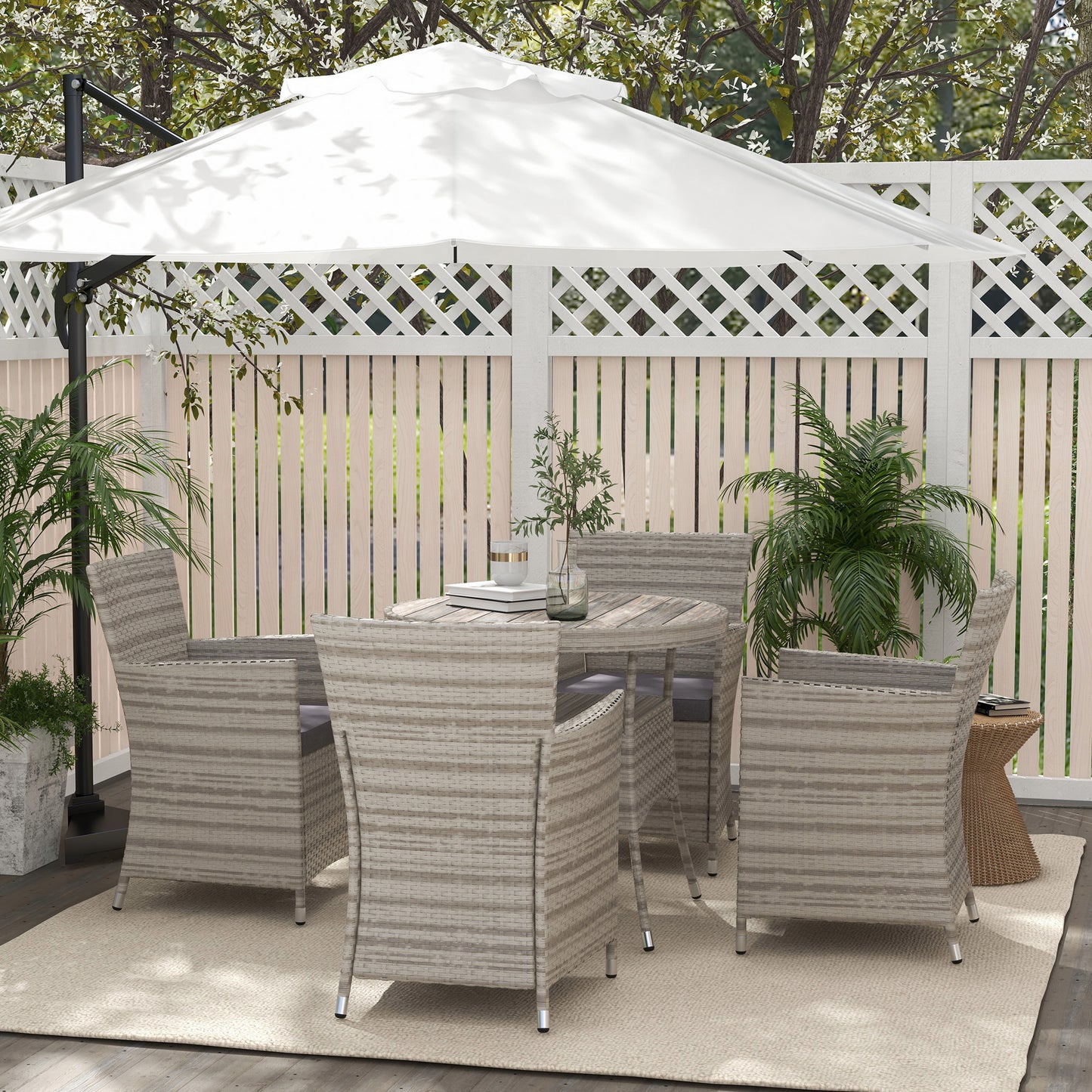 Outsunny Rattan Dining Set 5 Pieces with Removable Cushions, Slatted Tabletop for Patio, Lawn, Balcony, Grey