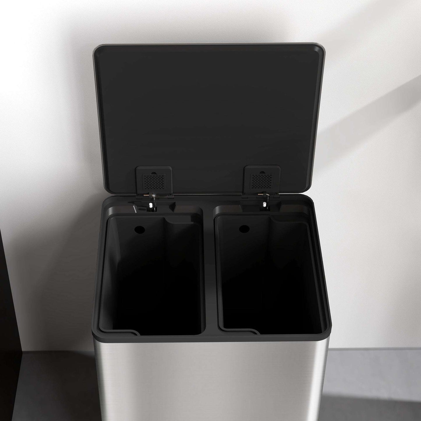 60L Dual Compartment Stainless Steel Bin, with Deodoriser Holders - Silver Tone