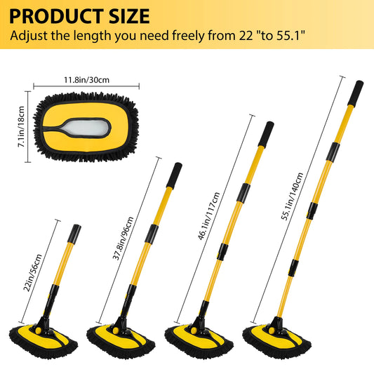 Car Wash Brush With Long Handle, 15° Curved Extendable Car Cleaning Brush with Replaceable Microfibre Mop Head,Washing Brush 55 Inch