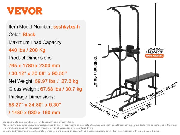 Power Tower With Bench Adjustable Pull Up Bar Stand Dip Station & Detachable Bench Multi-Function Home Gym