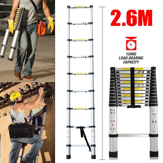 2.6M - 5M Multi Purpose Telescopic Ladder Sturdy Aluminium Telescoping Extension Ladders 330lb Max Load EN131 For Household Outdoor Work