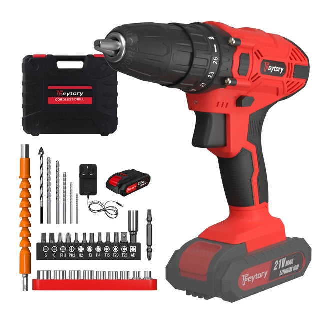 Feytory 21V Cordless Electric Power Drill Combi Driver With 1500mAh Battery 25+1 Torque 45Nm Screwdriver Kit