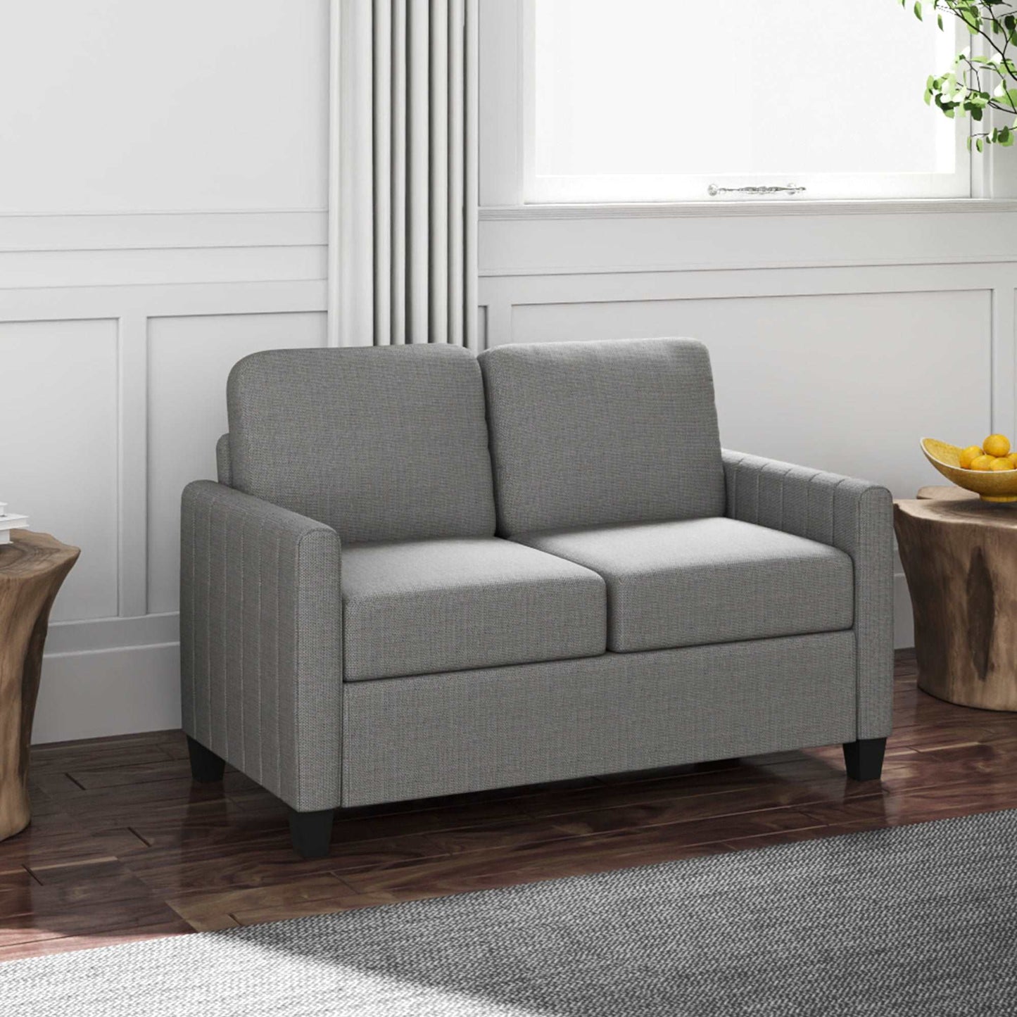 2 Seater Sofa, Channel Tufted Modern Fabric Couch, Upholstered Loveseat with Spring Cushion, Back Pillow, for Small Space, Living Room, Bedroom, Office, Light Grey