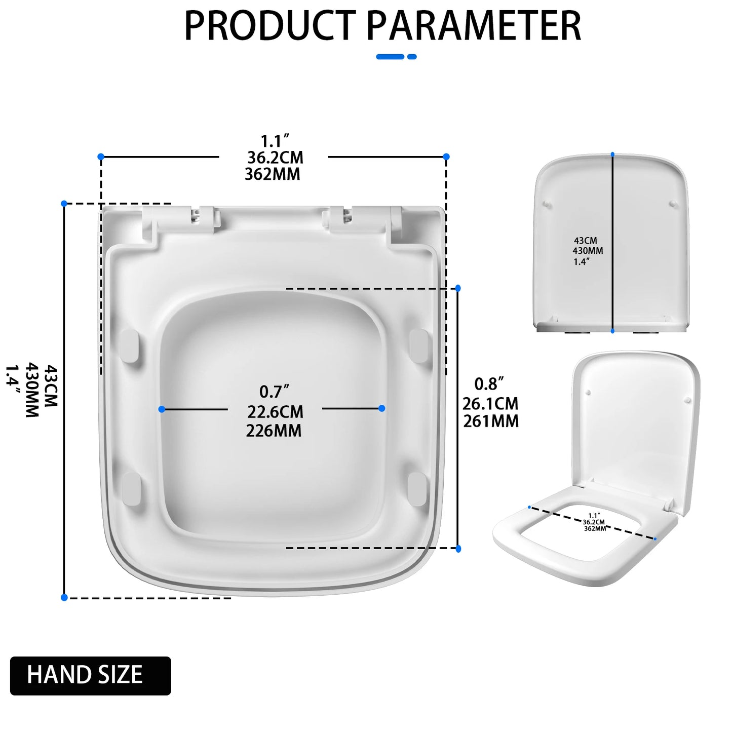 Dayplus Square Toilet Lid Clip-On Toilet Seat Easy Clean Bathroom Seat with Quick Release Soft Close Top Fixing Anti-Bacterial
