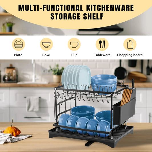2-Tier Black Dish Drying Rack for Kitchen Countertop - Stainless Steel Dish Drainer with Drip Tray, Draining Board & Utensil