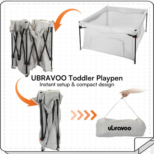 UBRAVOO Baby Playpen Playard With Storage Bag, Portable For Indoor & Outdoor Kids Toddlers Activity Centre, Foldable - Grey