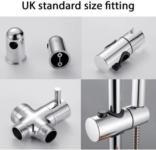 Square Chrome Overhead Shower Rain Dual Rigid Riser Rainfall Head And Hand Held Shower Kit, Twin Bath Set For Bathroom
